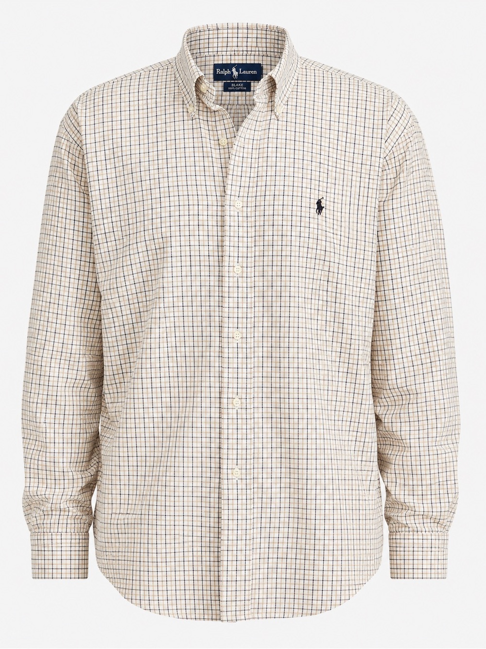 Ralph Lauren Men's Cream Plaid Button-Down Blake Shirt with dark brown logo.